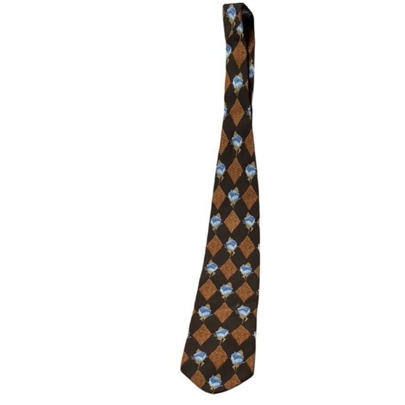 Hugo Boss Silk Necktie With Brown & Blue Argyle Floral Pattern - Picture 4 of 7